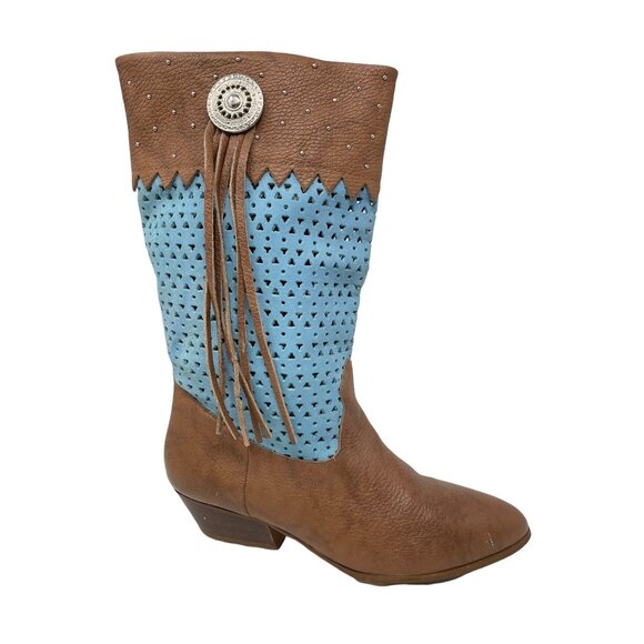 Vintage Calico Gringo Cowboy Boots Size 10 Tassel Brown Turquoise Blue Western - Picture 1 of 13
